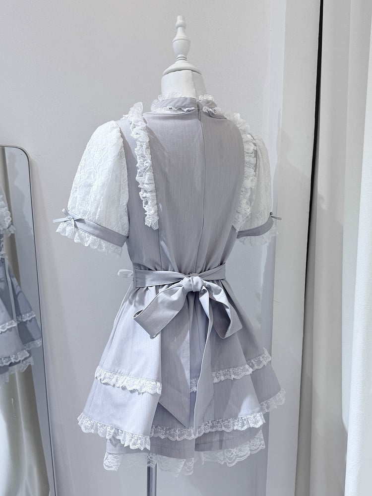White Fashion Sleeve Two-Piece Choker Ryousangata Matching Bead Dress Shorts Short + With Gray Chain Trim Design Lace Set -