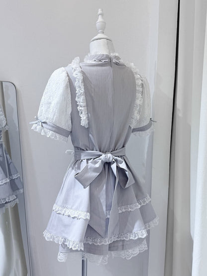 White Fashion Sleeve Two-Piece Choker Ryousangata Matching Bead Dress Shorts Short + With Gray Chain Trim Design Lace Set -