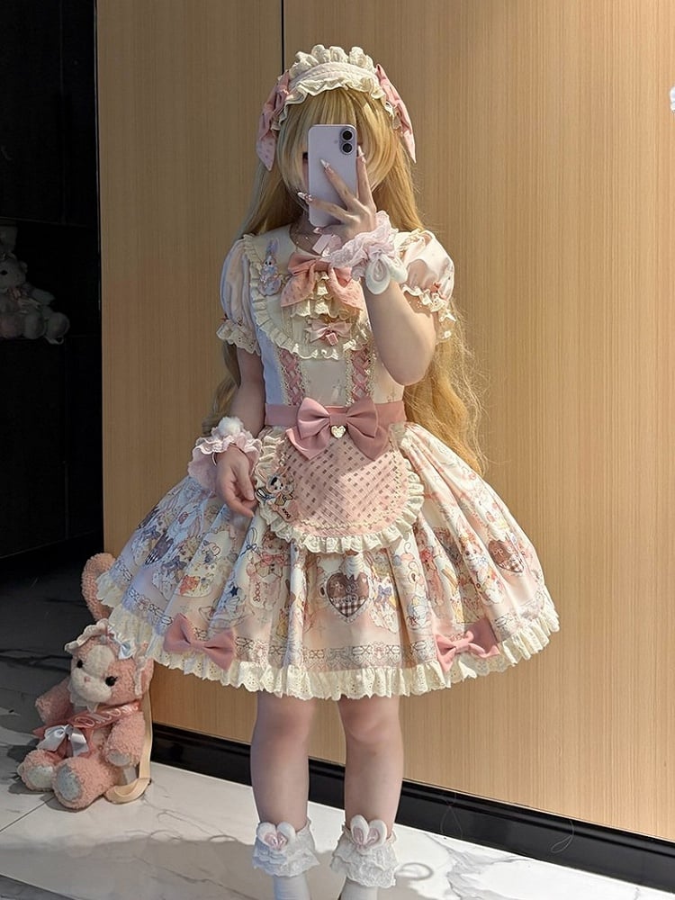Puff Sleeve OP Dress with Pink Bunny Cake Print & Apron Style - Rose Weaving Poetry