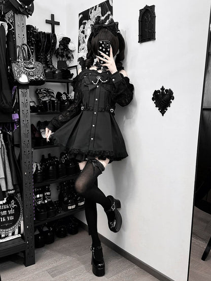Dress Set Choker Jirai Cutout Bow Bowtie Bead Lace Chain Shorts Shoulder + Long-Sleeve Black Kei