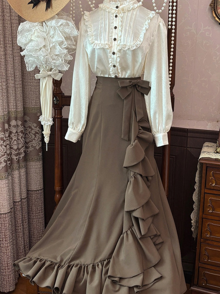 Beige Ruffle Neck Long Sleeve Blouse for Bust 82-90cm - MUYU
