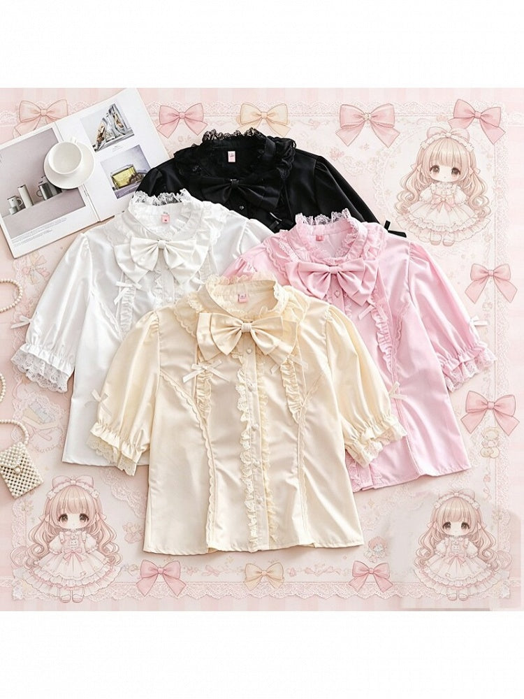 Plus Size White Black Pink Apricot Short Sleeve Lolita Stand Collar Blouse - Versatile girl