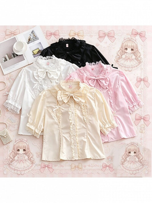 Plus Size White Black Pink Apricot Short Sleeve Lolita Stand Collar Blouse - Versatile girl
