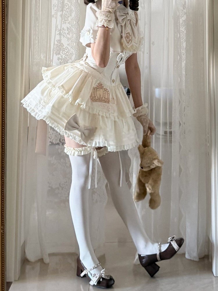 Beige Preppy Striped Two-Piece Gown with Crown Embroidery - Fairy Faith