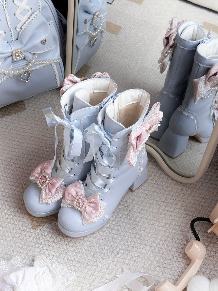 Blue Sweet Lolita Boots with Rhinestone Accents - Sheep Puff