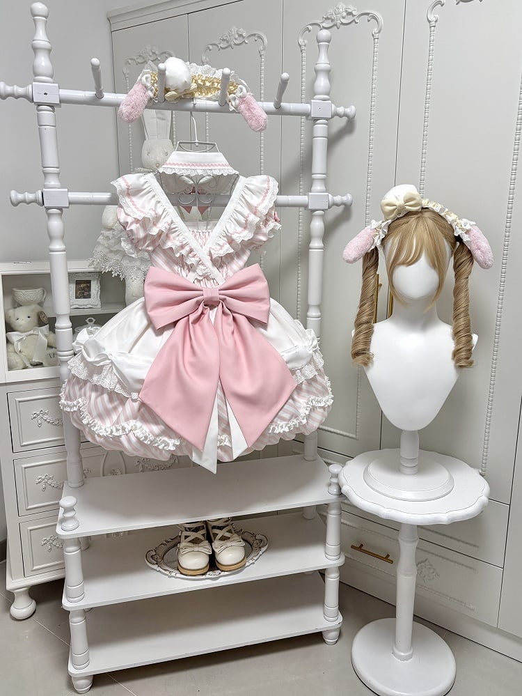 Dress Puppy OP Sleeves Brooch Apron Sweet Decor + Skirt Cake and Bubble Lolita Bow Stripe Pink with Train Detachable