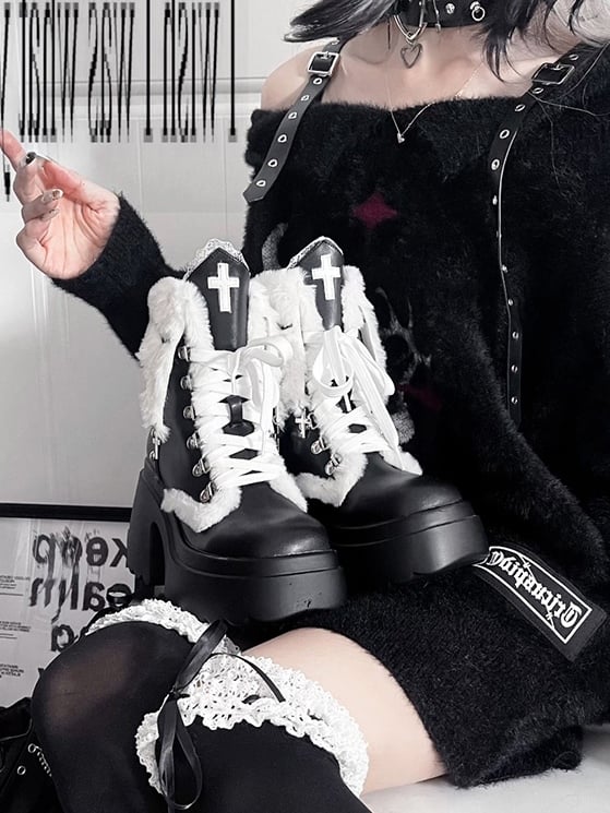 Punk Ankle with High Charm Cross Block Cuff Studded Heel Details Boots Plush Black Platform -