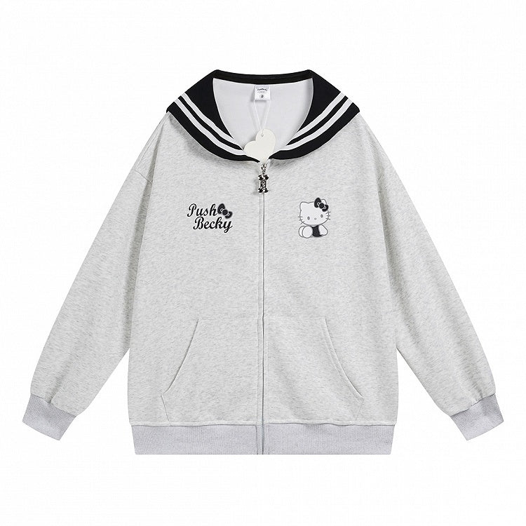 ピンク/ライトブルー/グレー/ブラック キティプリント セーラーカラー ジップ開閉 厚手スウェットシャツ