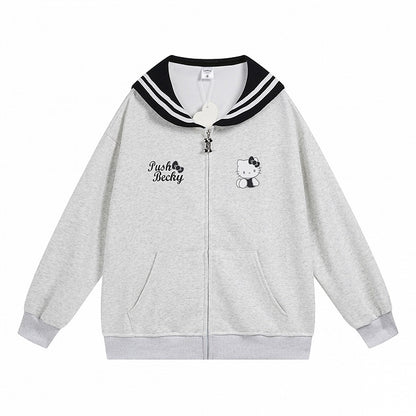 ピンク/ライトブルー/グレー/ブラック キティプリント セーラーカラー ジップ開閉 厚手スウェットシャツ