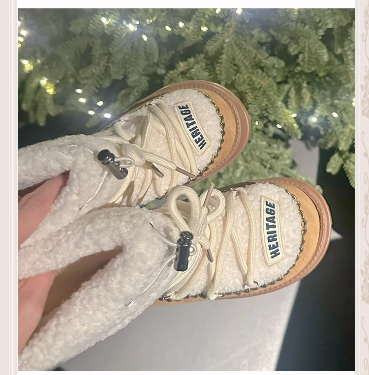 キャメルヒールのプラッシュプラットフォームブーツ