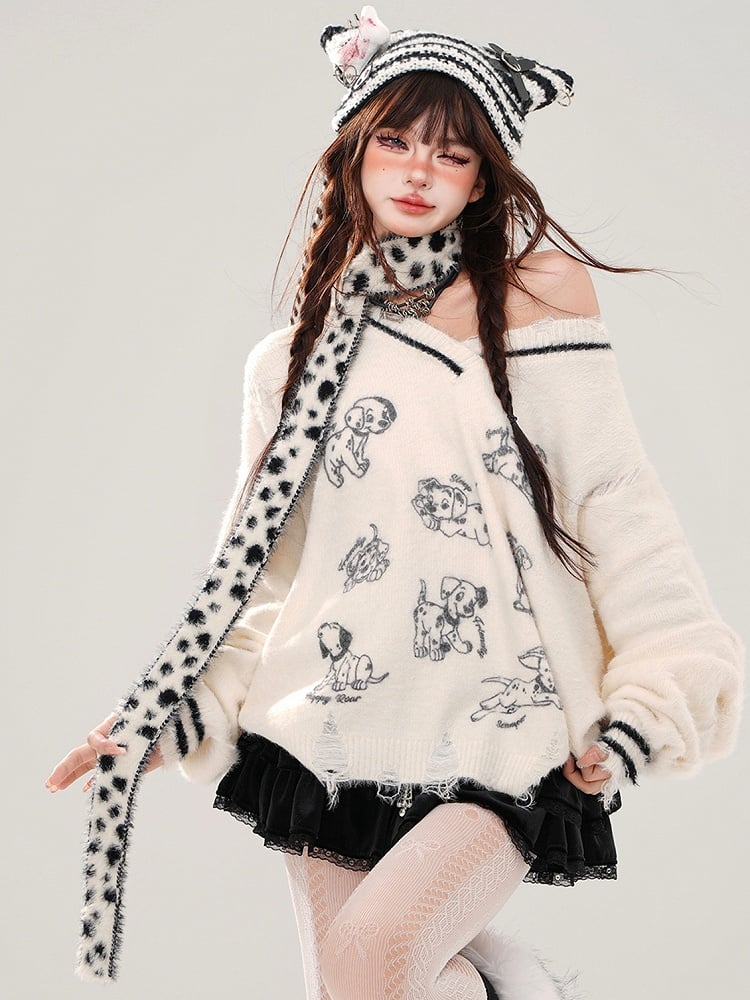 Grauer, lockerer Pullover mit V-Ausschnitt und kostenlosem Schal