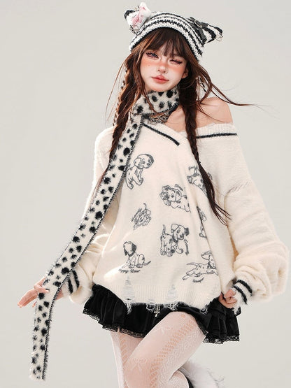 Grauer, lockerer Pullover mit V-Ausschnitt und kostenlosem Schal