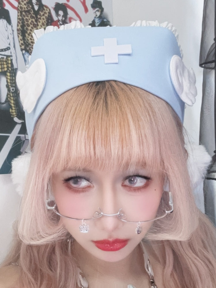 Blue/Pink Cross Wing Lace Trim Yami Kawaii Hat