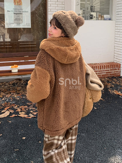 Brauner Fleece-Kapuzenpullover mit süßem Welpen-Taschendesign