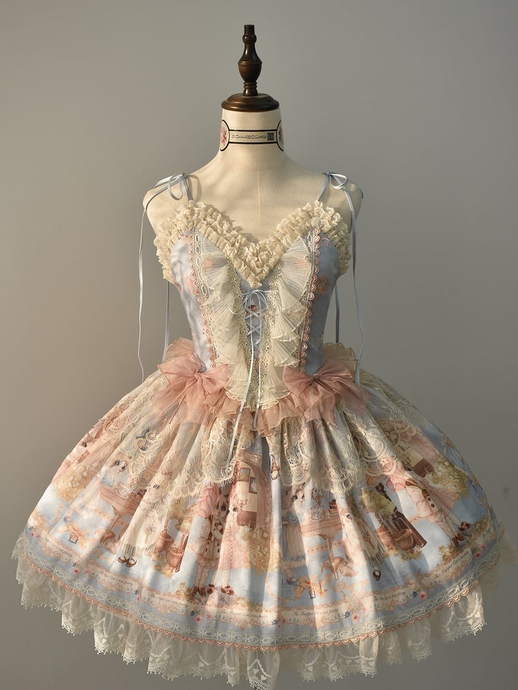 Blaues Lolita-Print-Kätzchen-Korsett, süßes Set, Teeparty-Babykleid, JSK, volles Mieder