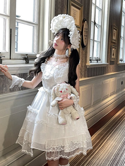Lace Ruffled Trim Lolita JSK White Flutter Sleeves Butterfly Accent