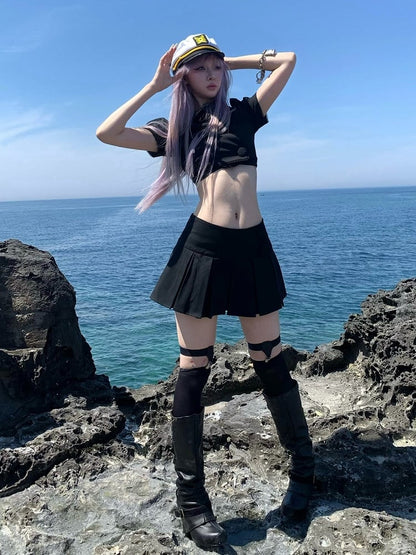 Peter Pan Collar Double Breasted Black Cropped Top - HBreaker