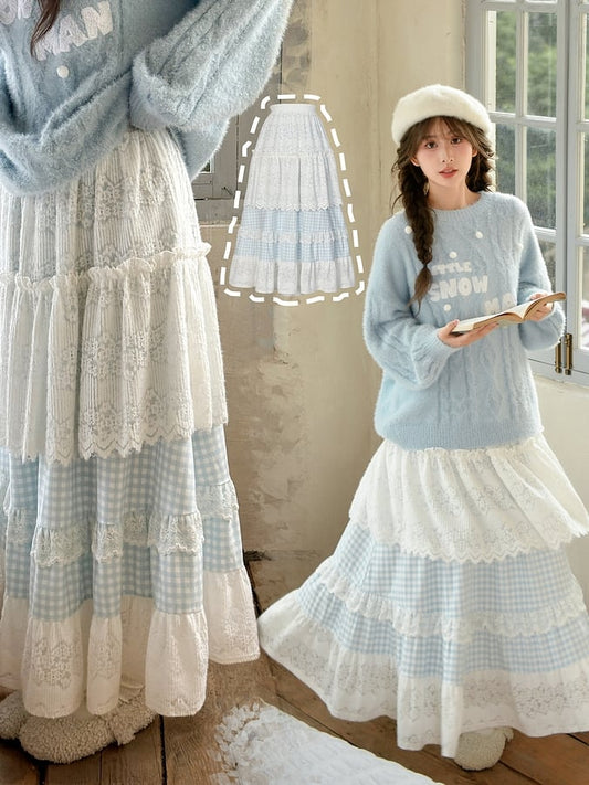 Blau-weißer Mori Kei-Rock mit hoher Taille und Patchwork-Karomuster