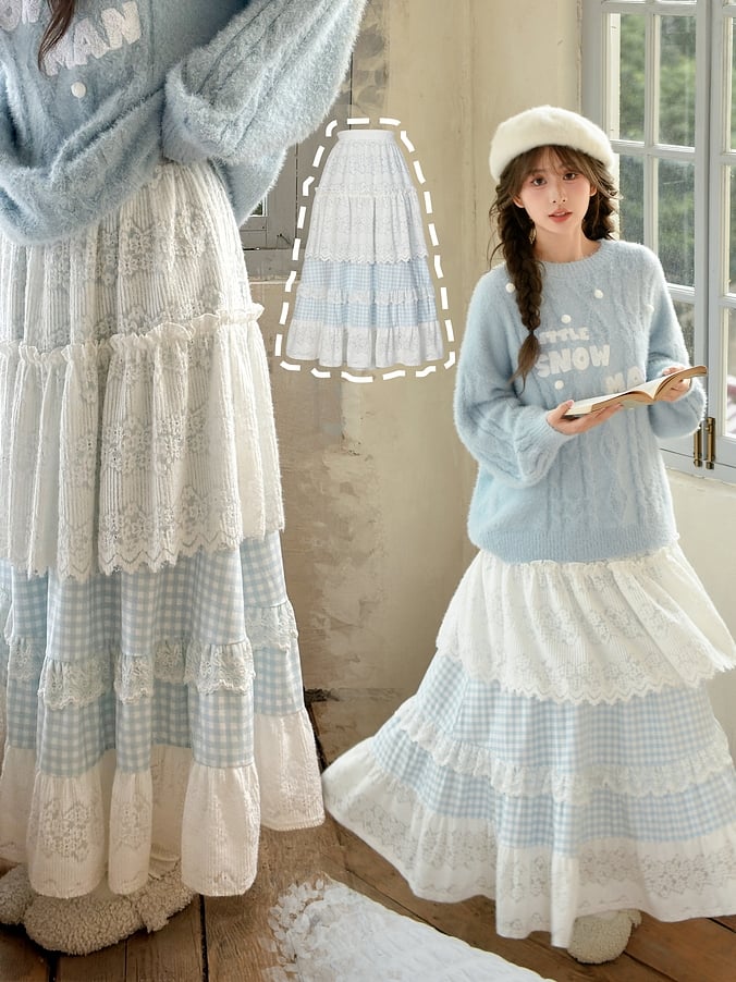 Blue and White High-Waisted Lace Patchwork Plaid Mori Kei Skirt