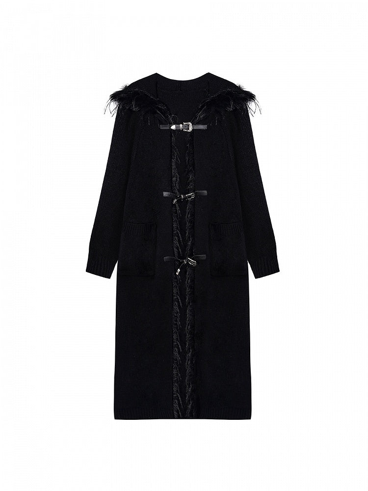 Coat Buckle Details Faux Knit Hooded Trim Fur with Black