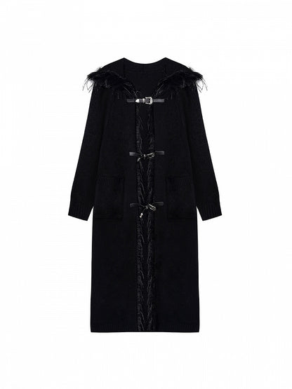 Coat Buckle Details Faux Knit Hooded Trim Fur with Black