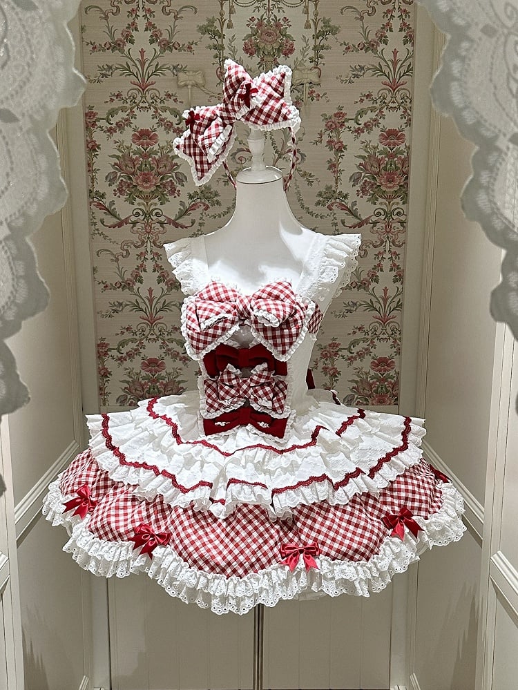 und Saum gewellter Kleiderrand mit süßem Rockmuster Lolita Gingham gestufter weißer Besatz rot