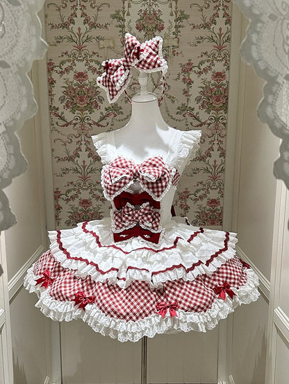 und Saum gewellter Kleiderrand mit süßem Rockmuster Lolita Gingham gestufter weißer Besatz rot