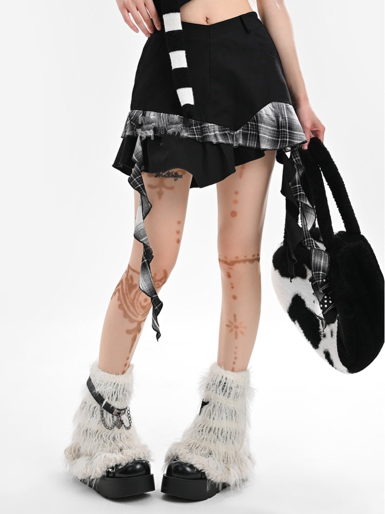 ブラックチェック柄アシンメトリーフリルヘムスカート