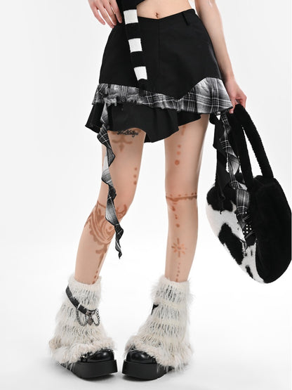 ブラックチェック柄アシンメトリーフリルヘムスカート