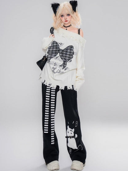 Pink/Black/White Bowknot Applique Asymmetrical Neckline Sweater Distress Trim