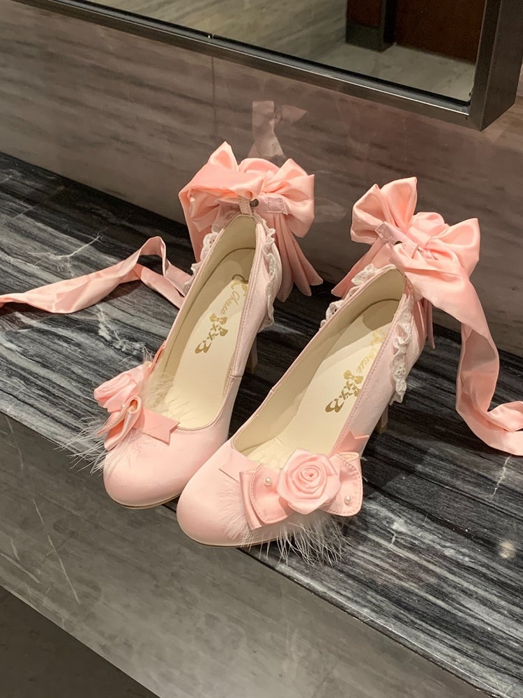 Sweet Lolita Pink Rose & Bead Embellished 9.5cm High Heels with Bowknot at Back - Cheese Mango