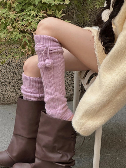 Knit Warmers Cable Leg Pom-Pom Tie with