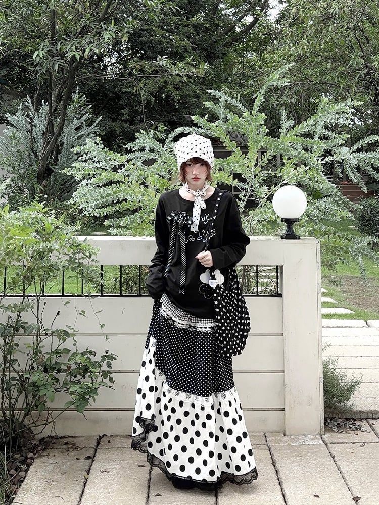 Maxi Skirt Lace Polka White Dot Panelled Black with Trim