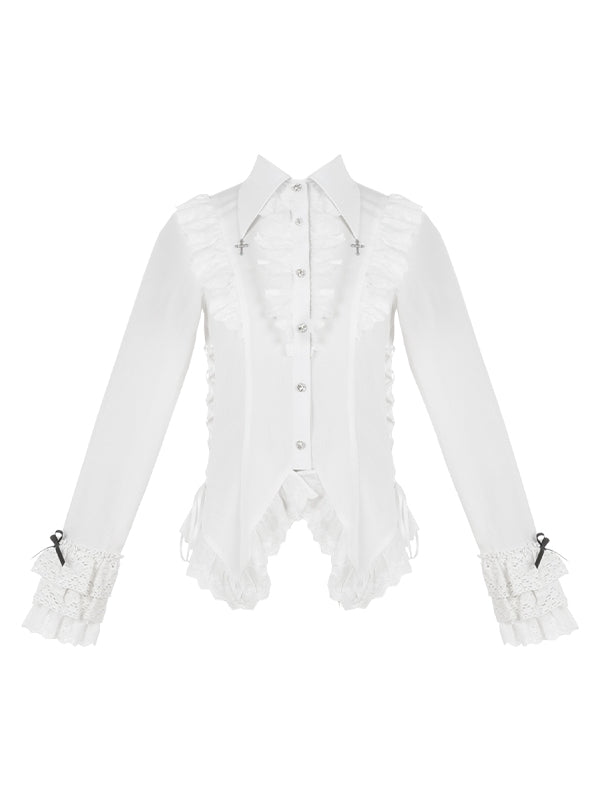 White Lace-Trimmed Cross Charm Collar Ouji Shirt - With PUJI