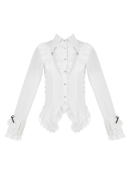White Lace-Trimmed Cross Charm Collar Ouji Shirt - With PUJI