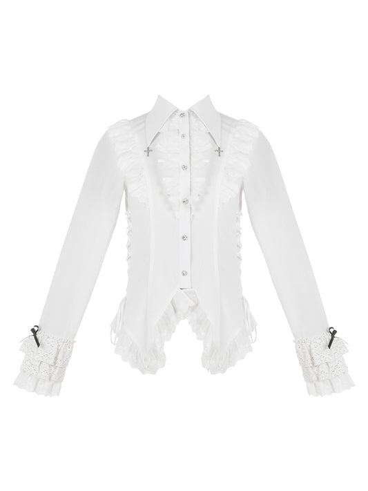 White Lace-Trimmed Cross Charm Collar Ouji Shirt - With PUJI