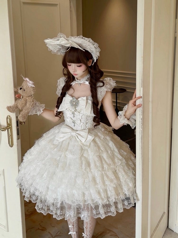 Dress Hime-Style Layered White Rhinestone Elegant with JSK Lace Bow Details Skirt Lolita