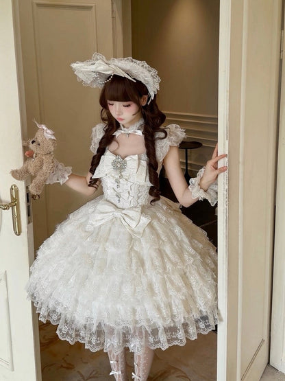 Dress Hime-Style Layered White Rhinestone Elegant with JSK Lace Bow Details Skirt Lolita