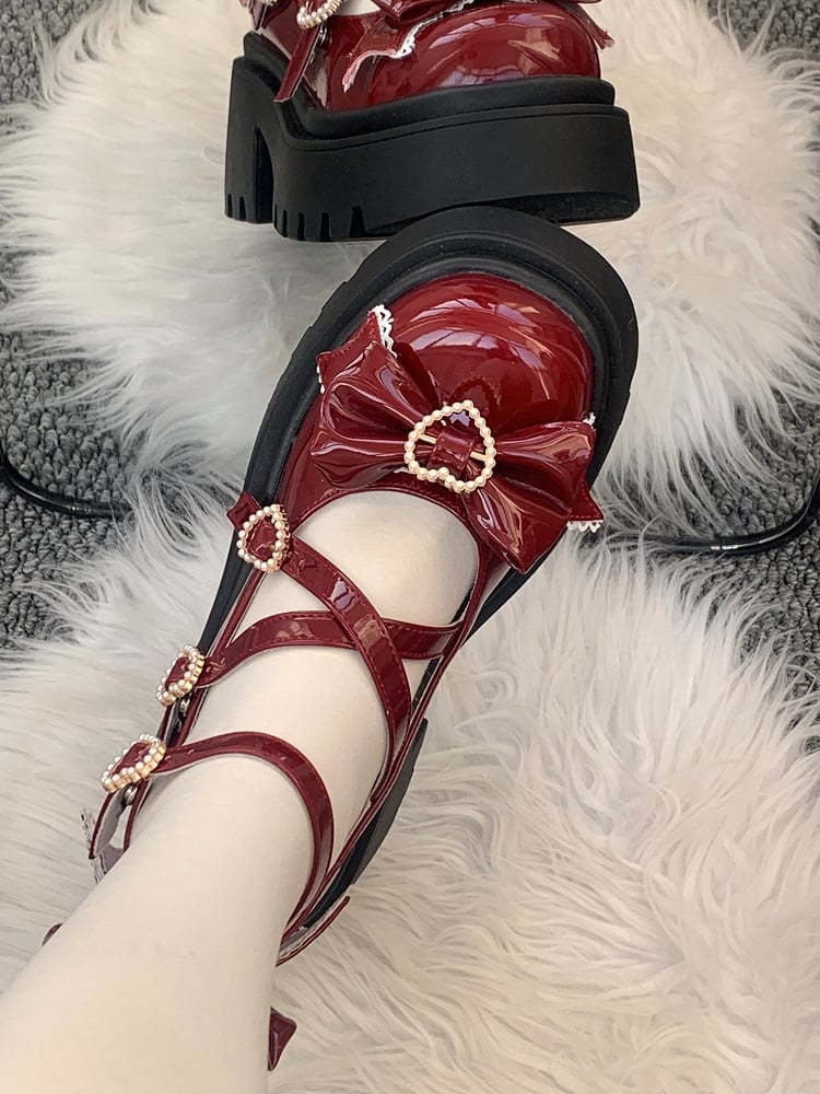 Sweet Jane PU Mary Wine Fastening Bow Red Snap Lolita Embellishments with Shoes Heart