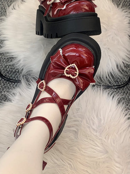 Sweet Jane PU Mary Wine Fastening Bow Red Snap Lolita Embellishments with Shoes Heart