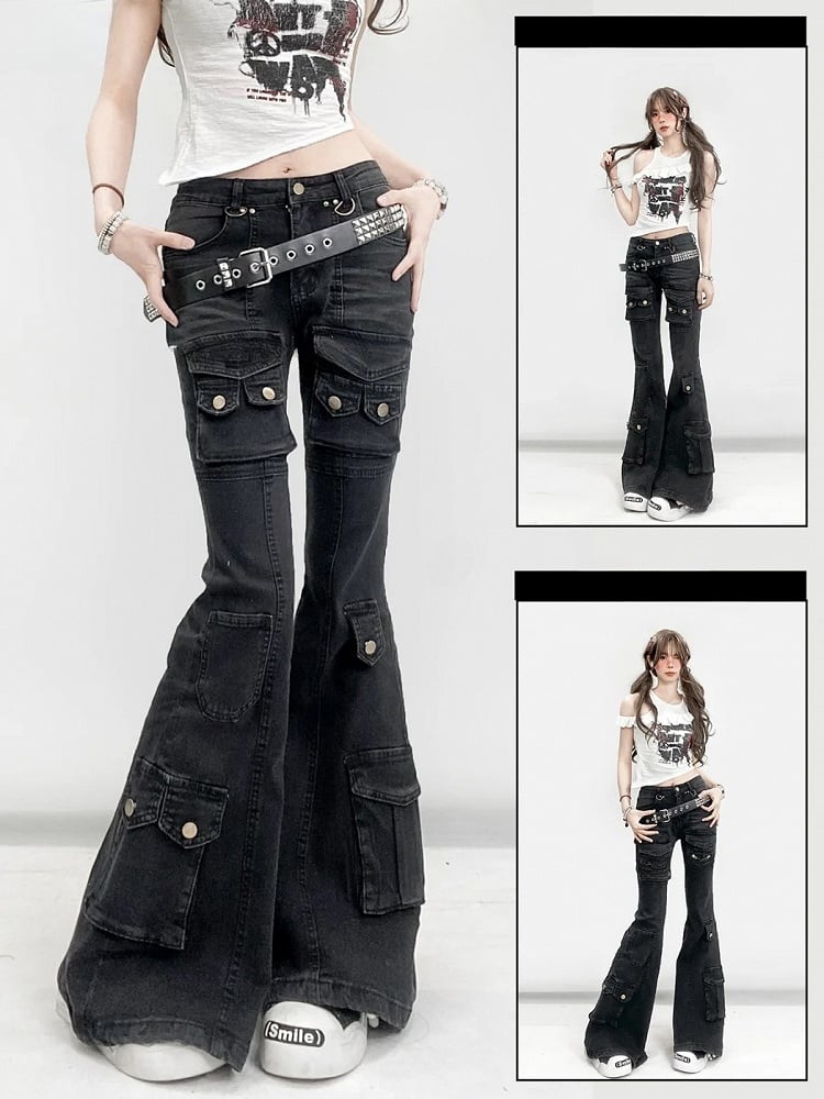 Silhouette Jeans With Multiple Pocket Accents Waist Flare Kawaii Black Glamorous Bittersweet Low