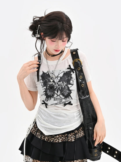 Butterfly Y2K White Semi-sheer PU Print Buckle T-shirt Waist Drawstring Strap Glamorous