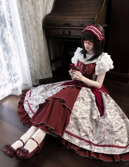 Animals and Bodice Elegant Forest with Corset Print Lolita Dress Red