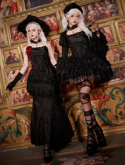 Schwarzer eleganter Gothic Lolita Meerjungfrauenrock mit Volantbesatz