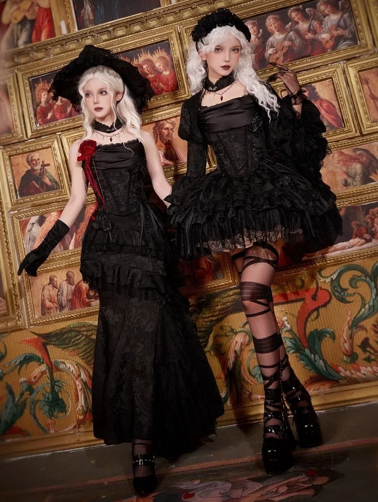 Lagenrock mit Kordelzug Schwarz Vampir Detail Lolita Gothic