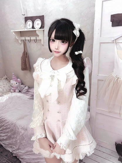 Tweed Set Long-Sleeve Pink Dress Kei Jirai Matching + Lace Fresh Shorts