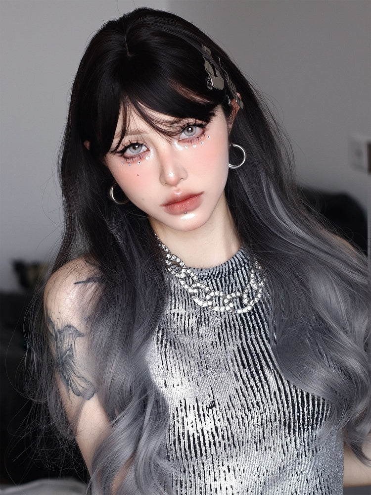 オンブレ丈、ウェーブ前髪ウィッグ ブラック 70cm グレー