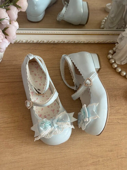 Elegant Lace Bow Round Toe Pumps - 2.5cm Low Heels - Blossoms