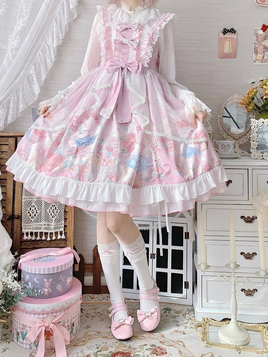 with JSK Dress Lolita Train Floral Pink Tulle Bunny Print Sheer