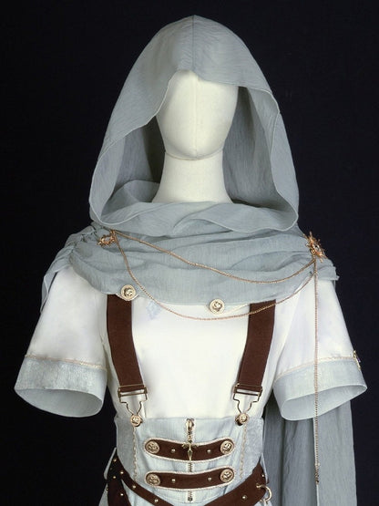 Hooded Sheer Shawl in Light Blue with Metal Chain Accent - Xiong Dou Jiang